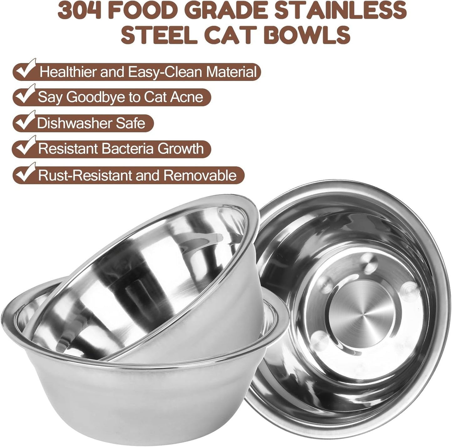 Elevated Cat Bowls, 10° Tilted Stand Anti Vomiting Raise Cat Bowl for Food and Water, 3 Stainless Steel Bowls for Indoor Cats, Kitten and Puppy