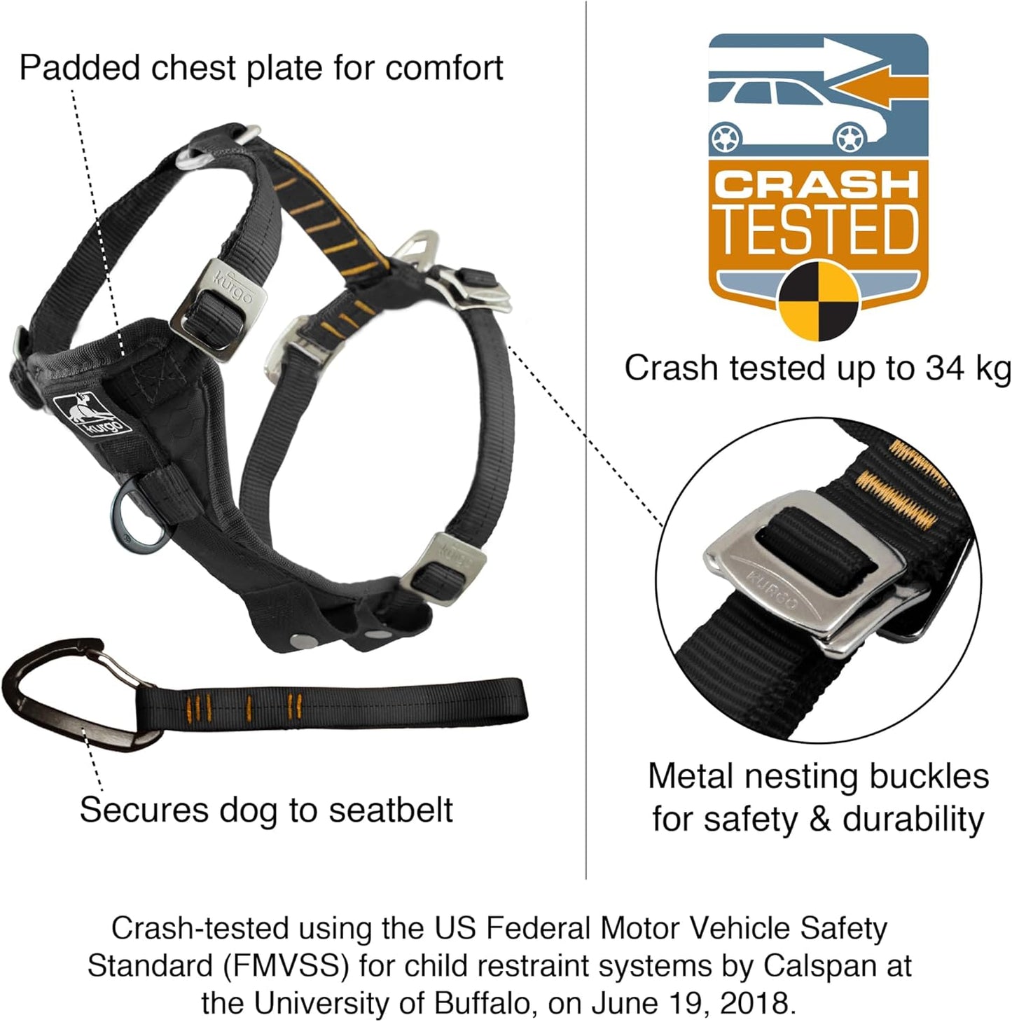 Kurgo Enhanced Strength Tru-Fit Dog Car Harness - Pet Travel Safety Harness - Crash Test Certified Fit - Five Point Adjustment - Secure Buckle - Padded Chest - Charcoal - Small