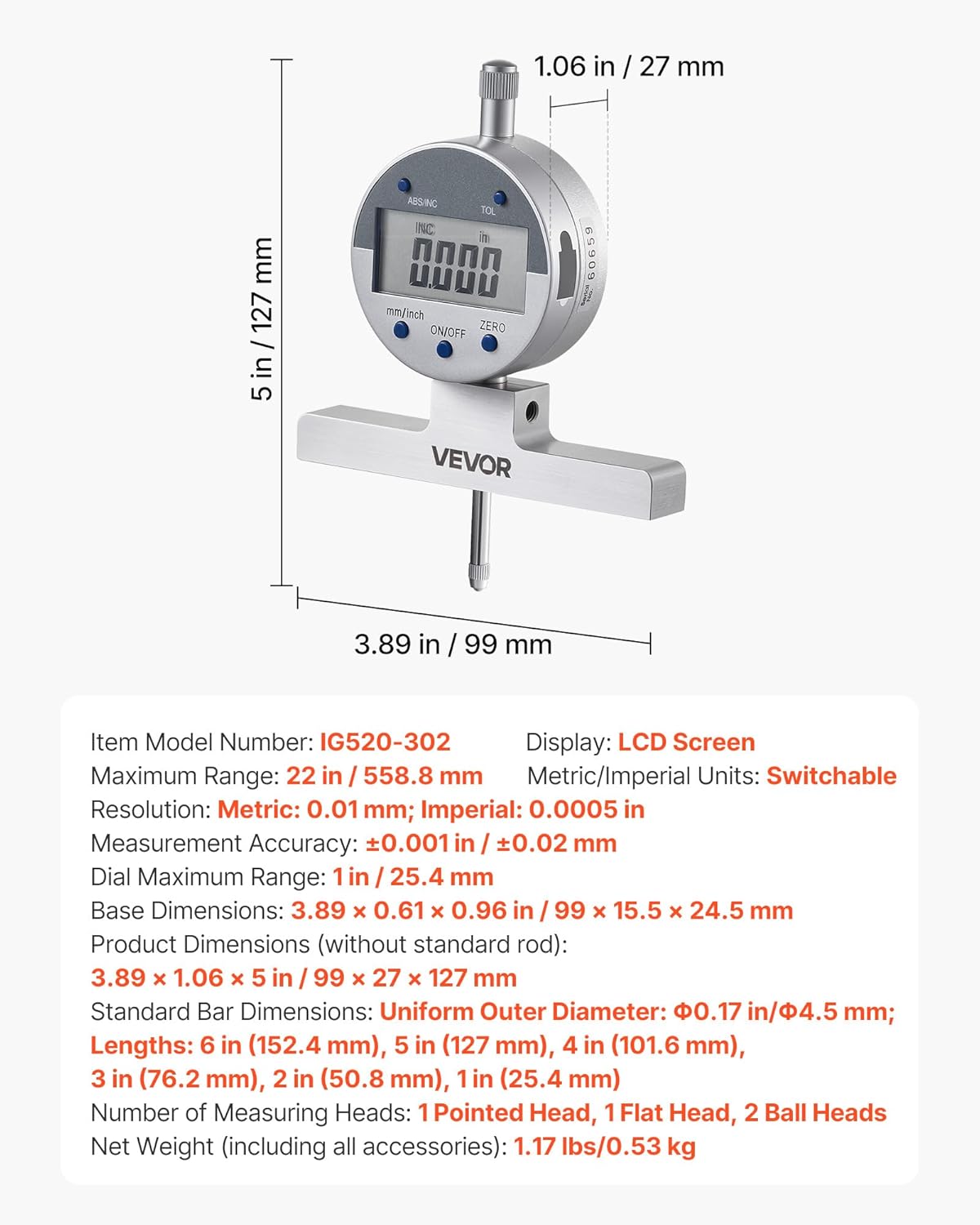 VEVOR Depth Gauge, Depth Micrometer Digital Electronic Indicator 0-22 inch Measuring Range, 0.0005" Resolution, Precision Unit Conversion with 4 Anvils, Measuring Tool for Groove, Step, Hole