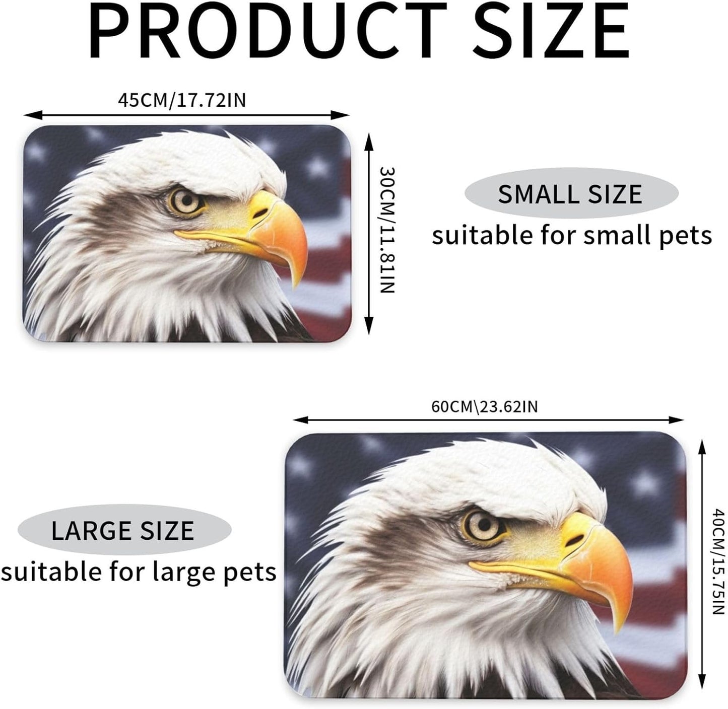Bald Eagle Pet Feeding Mat 30x45cm Absorbent Leather Dog Cat Food Mats Non-Slip Dog Bowl Mats for Food and Water, Quick Dry Pets Placemats for Cats and Dogs Water Bowl