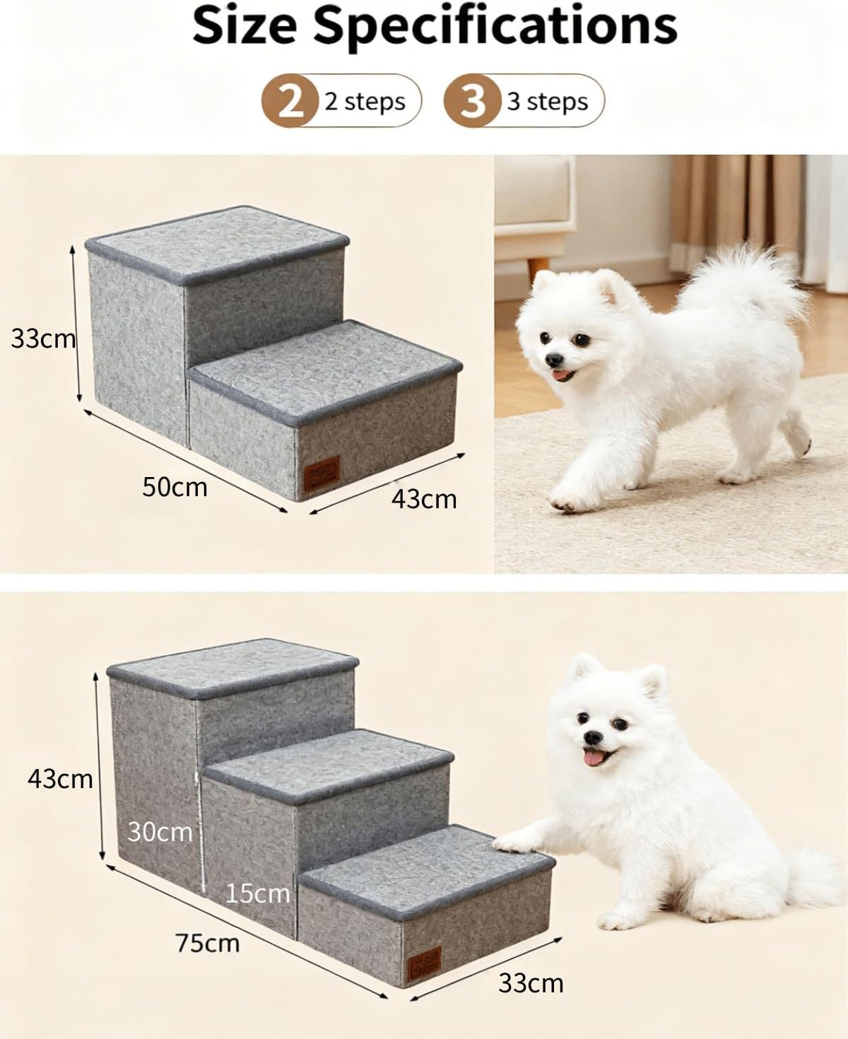 Dog Stairs with Storage, Detachable and Foldable Pet 2-Steps for Bed Couch, Stable Anti-Slip, Ramp for Small Dogs & Cats