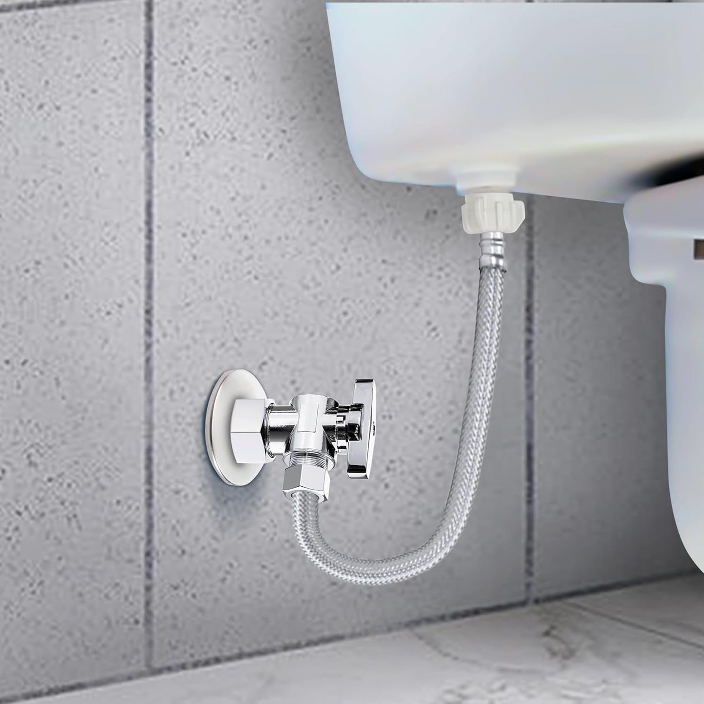 VINTEX Toilet Connector Plumbing kit，Complete Toilet Set Valve with 12" Long Stainless Steel Toilet Connector Hose，1/2 inch NOM Inlet x 3/8 inch OD Compression Outlet Angle Shut Off+Escutcheon Plate
