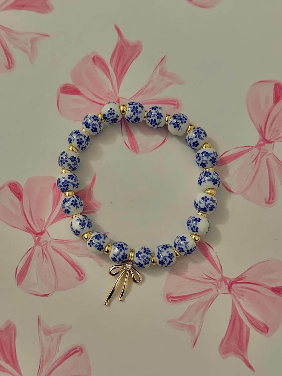 Beads Bow Charm Bracelet for Women Flower Vintage Bracelet Handmade Stretch Beaded Dainty Romantic Jewelry Gifts