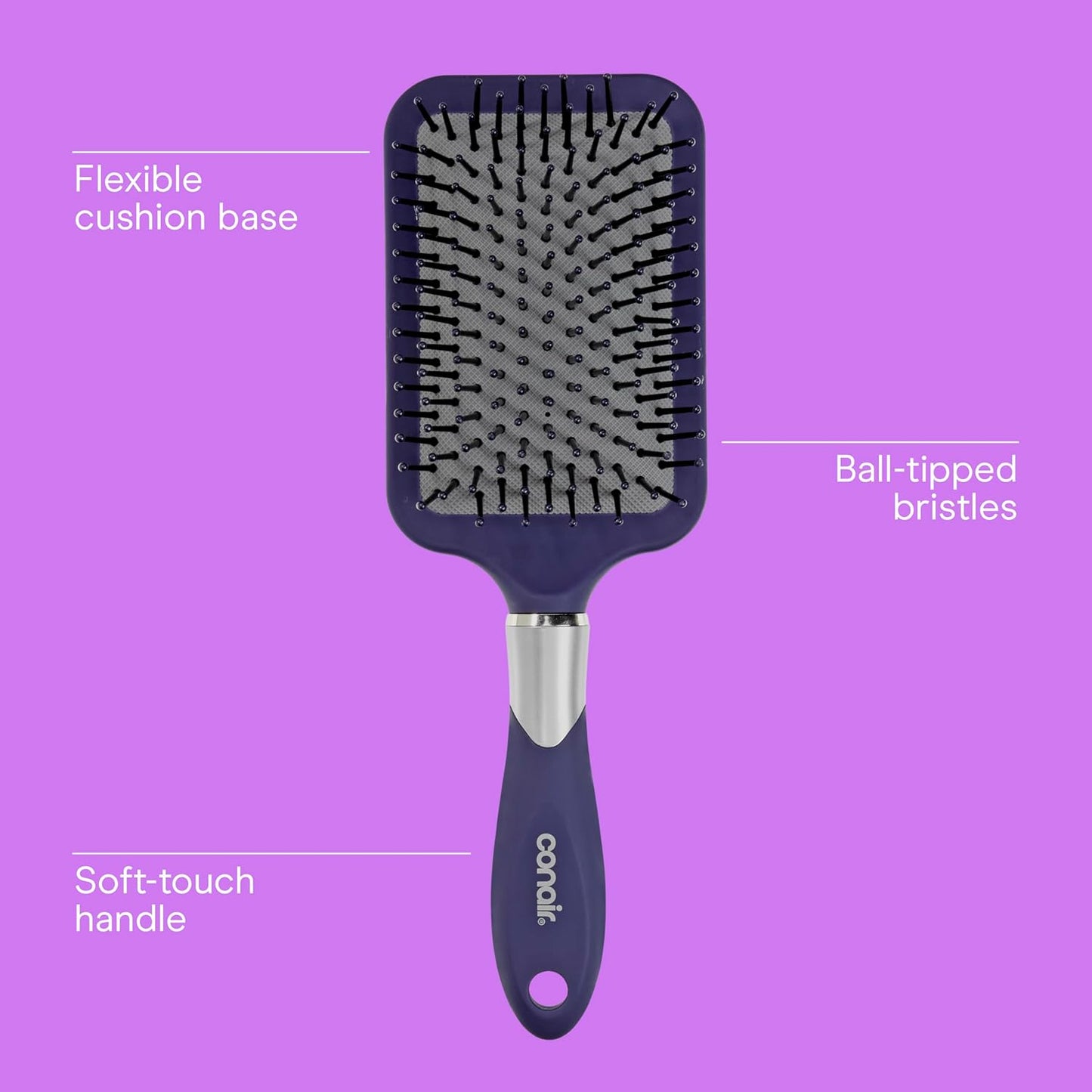 Conair Totally Smooth Ultra Paddle Brush, Wide Detangling Hair Brush with Ball-Tipped Bristles and Flexible Cushion Base, Ideal for Thick Hair, Color May Vary
