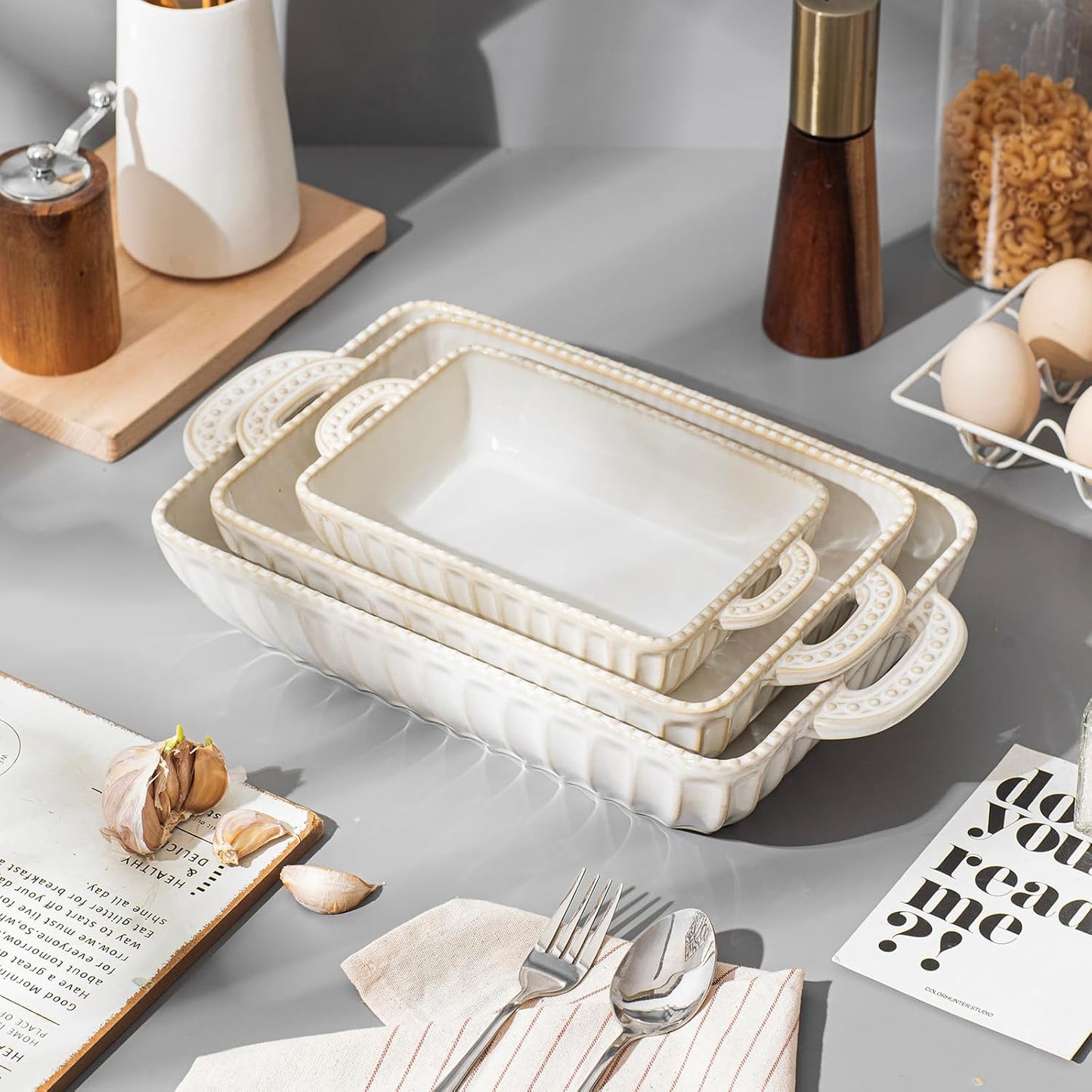 Casserole Dish for Oven, Ceramic Baking Dishes Set, Vintage Hobnail Bakeware Sets of 3, Rectangular Baking Pan, Deep Lasagna Pan with Handle for Cake, Wedding Kitchen Gift, 13.77“/11.6"/8.85"