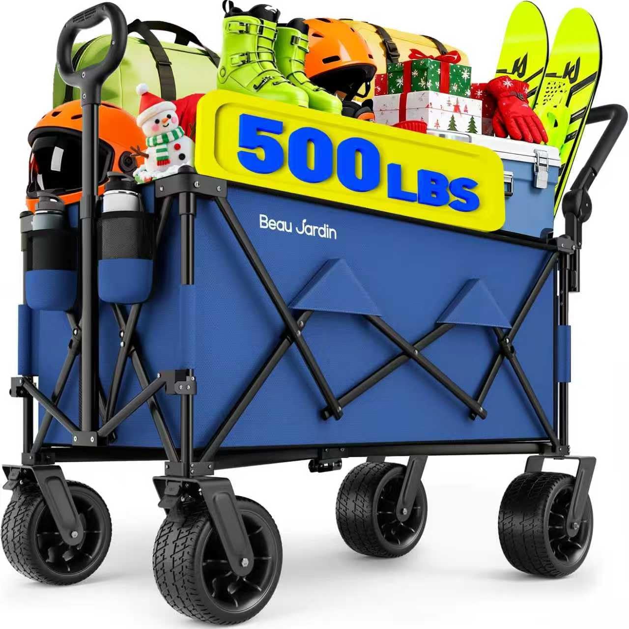 BEAU JARDIN Folding Push & Pull Beach Wagon 500 lbs Collapsible Foldable Wagons with Push Handle All Terrain Wheels Grocery Utility Camping Skiing Ice Fishing Sports Garden Wagon Cart Blue