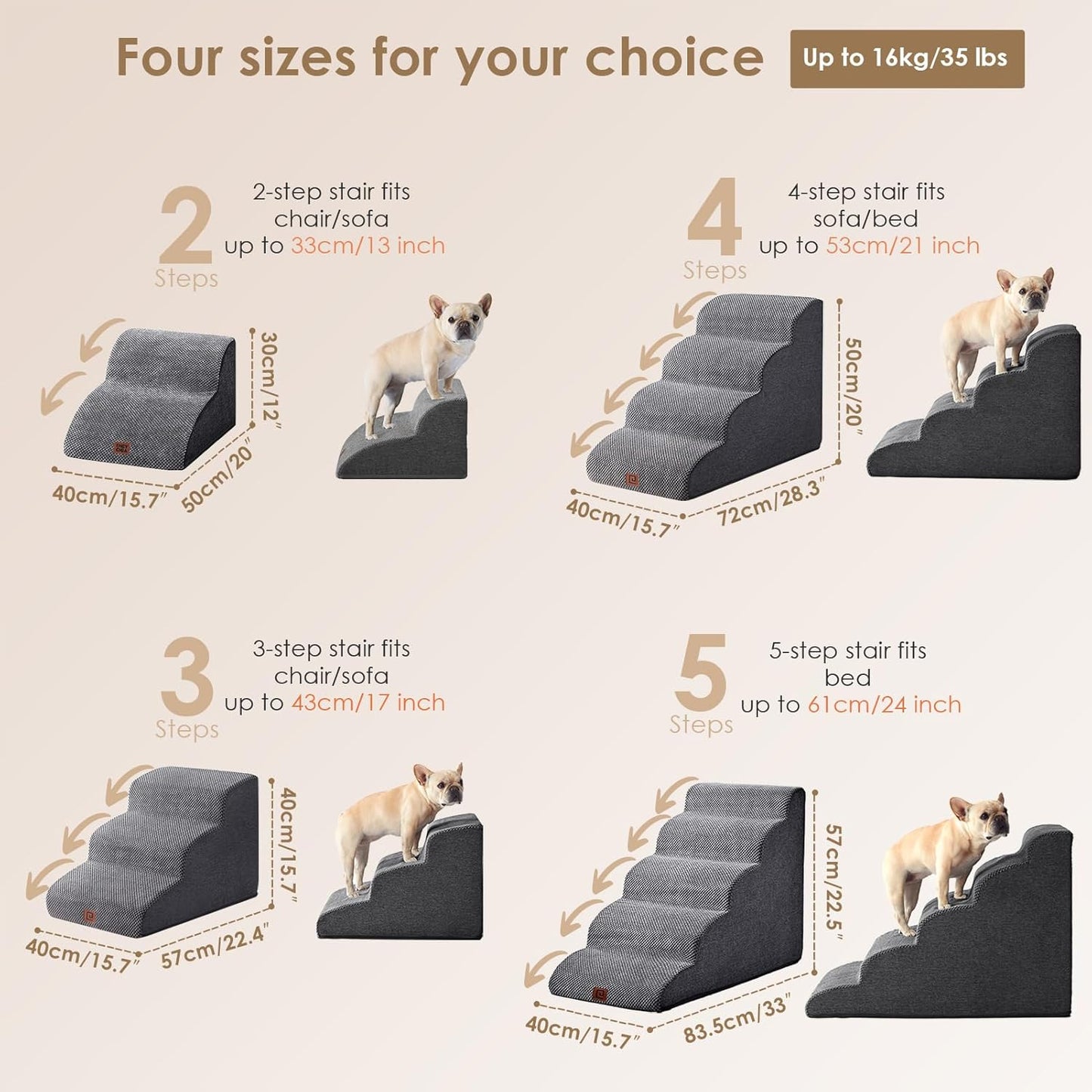 EHEYCIGA Curved Dog Stairs Ramp for Small Dogs 15.7" H, 3-Step Dog Steps for Couch Sofa and Chair, Pet Stairs for Cats, Non-Slip Balanced Pet Steps Indoor, Grey