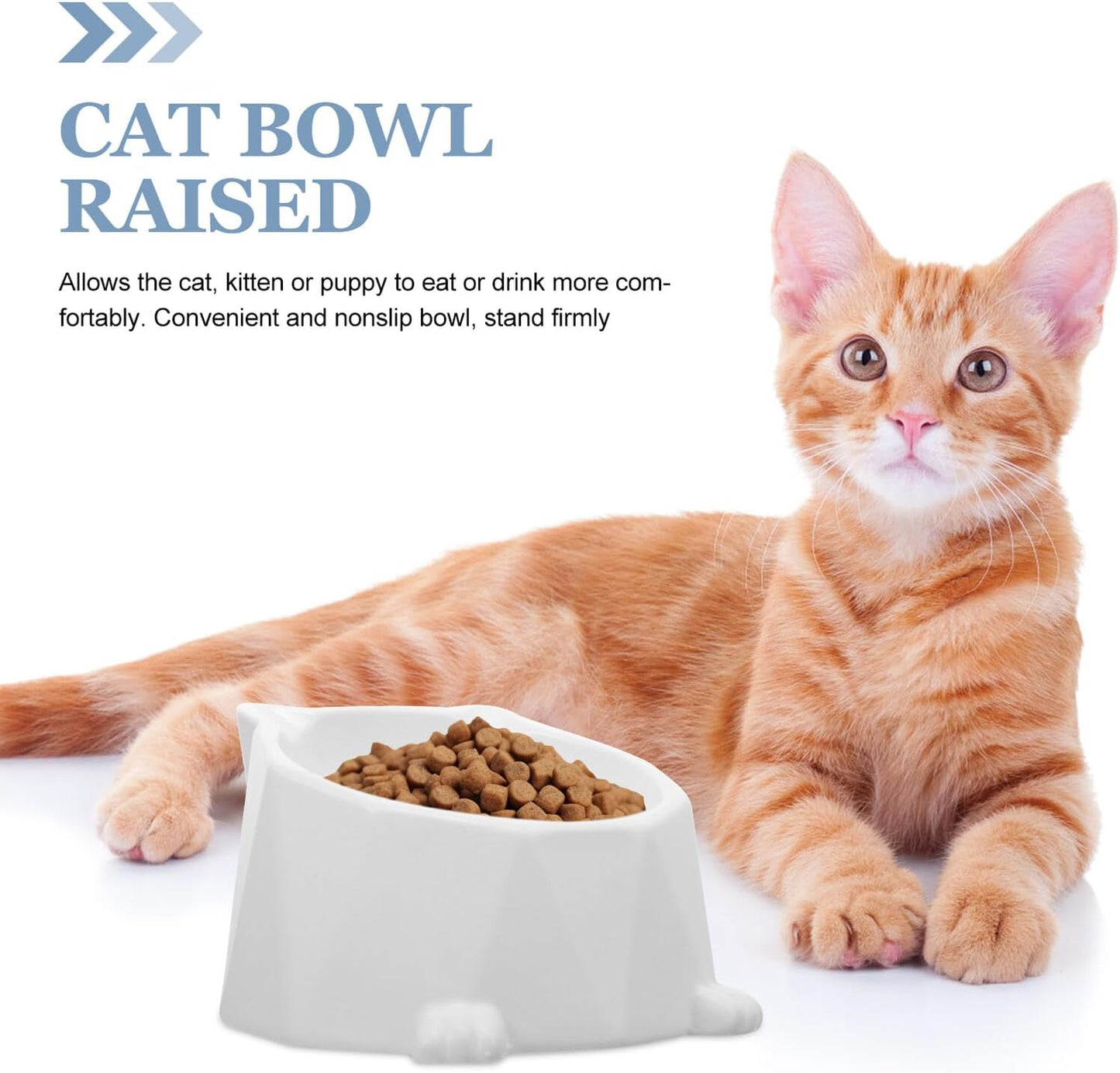 Ceramic Elevated Cat Bowl Neck Protection, White Raised Pet Feeding Dish, Anti-Spill Tilted Floor Bowl for Indoor Cats and Small Dogs