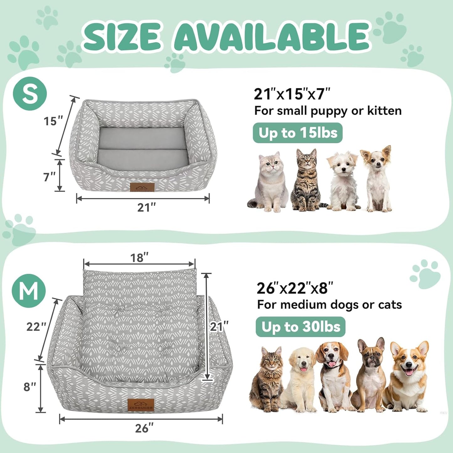 Rectangle Cat Dog Bed for Large Medium Small Pets Indoor Outdoor Machine Washable Sleeping Sofa Non-Slip Bottom Soft Puppy Bed Durable Orthopedic Calming Pet Cuddler (Medium, Grey Pattern)