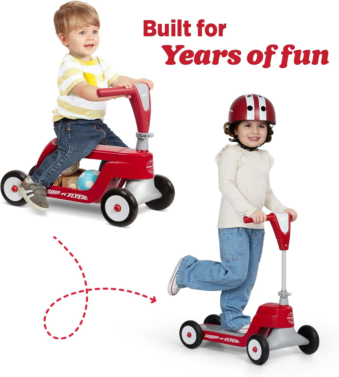 Radio Flyer Scoot 2 Scooter, Blue/Red/Pink, for Kids Ages 1-4, Ride On Toy or 4-Wheel Kids Scooter, Durable Wheels and Frame, Converts Easily with Flip Deck, Toddler Ride On Toys (Amazon Exclusive)