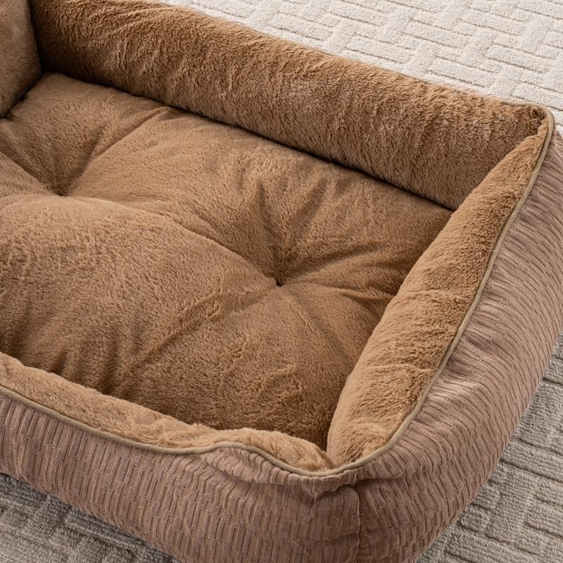 Happy Pets Luxury Orthopedic Pet Bed, F-Corduroy Foam, Brown or Light Gray Square Nest Bolster Design, Machine Washable Cover, for All Breeds (30" x 24" x 9", Brown Corduroy Square Nest)