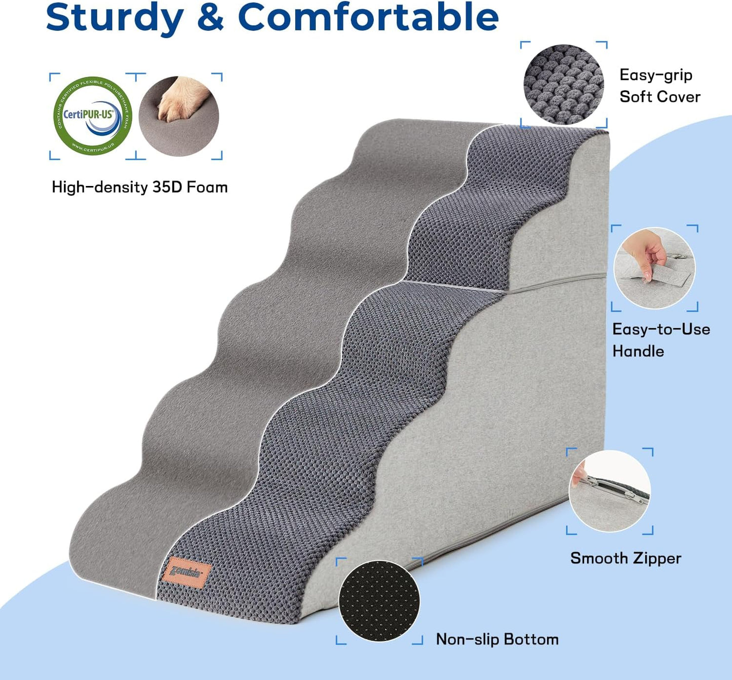 Dog Stairs Ramp for High Beds Up to 25" H - 5 Step Pet Stairs for Small to Large Dogs, 35D Foam Dog Steps for Couch with Non-Slip Bottom Grey