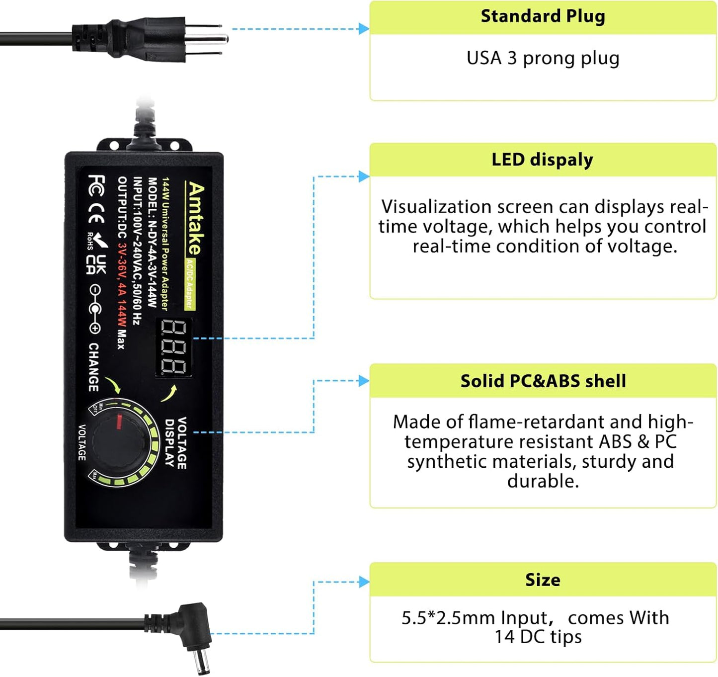 Adjustable Universal Power Supply Adapter 4A 144W Adjustable Variable Switching 3V~36V 3V 5V 12V 24V 30V 36V AC/DC Adapter, AC to DC Converter with 14 Tips, Polarity Converter and Test Lead