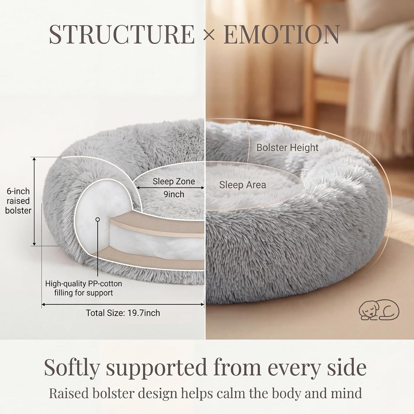 Calming Donut Dogs Beds for Small Dogs Washable,19inch Fluffy Round Puppy Bed for Puppies,Cats & Toy Breeds with Raised Rim,Fits up to 15 lbs Pets,Frost Grey