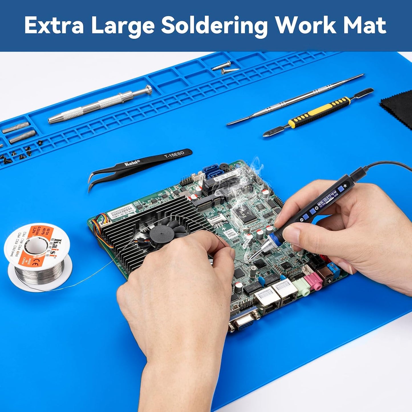Kaisi Extra Large Soldering Mat, Oversized 932°F Heat Resistant Silicone Solder Mat, Large Repair Workbench Pad for Electronics Phone Watch Laptop Repair, BGA Soldering Iron (Blue,27.6''x15.7'')