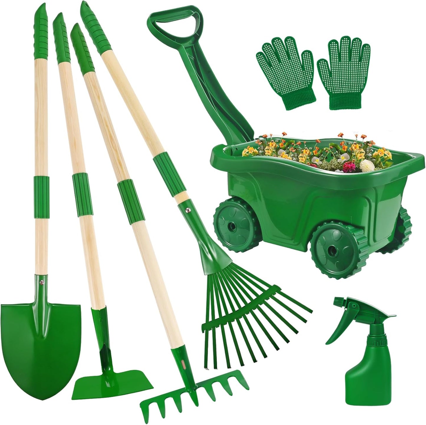 Duckura Kids Gardening Tools Set - 7pcs Wheelbarrow Set for Kids with Shovel, Rake, Leaf Rake, Summer Outdoor Yard Digging Weed Birthday Gifts Toys, Easter for Boys Girls Age 2 3+ Years(Green)