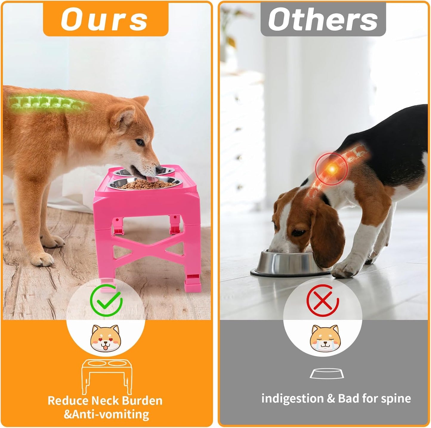 Elevated Dog Bowls with 2 Stainless Steel Dog Food and Water Bowls+Pet Food Scoop Raised Bowl Adjusts to 5 Heights (3.15",8.66",9.84",11.02", 12.2") for Small Medium and Large Dogs Cats (Pink)