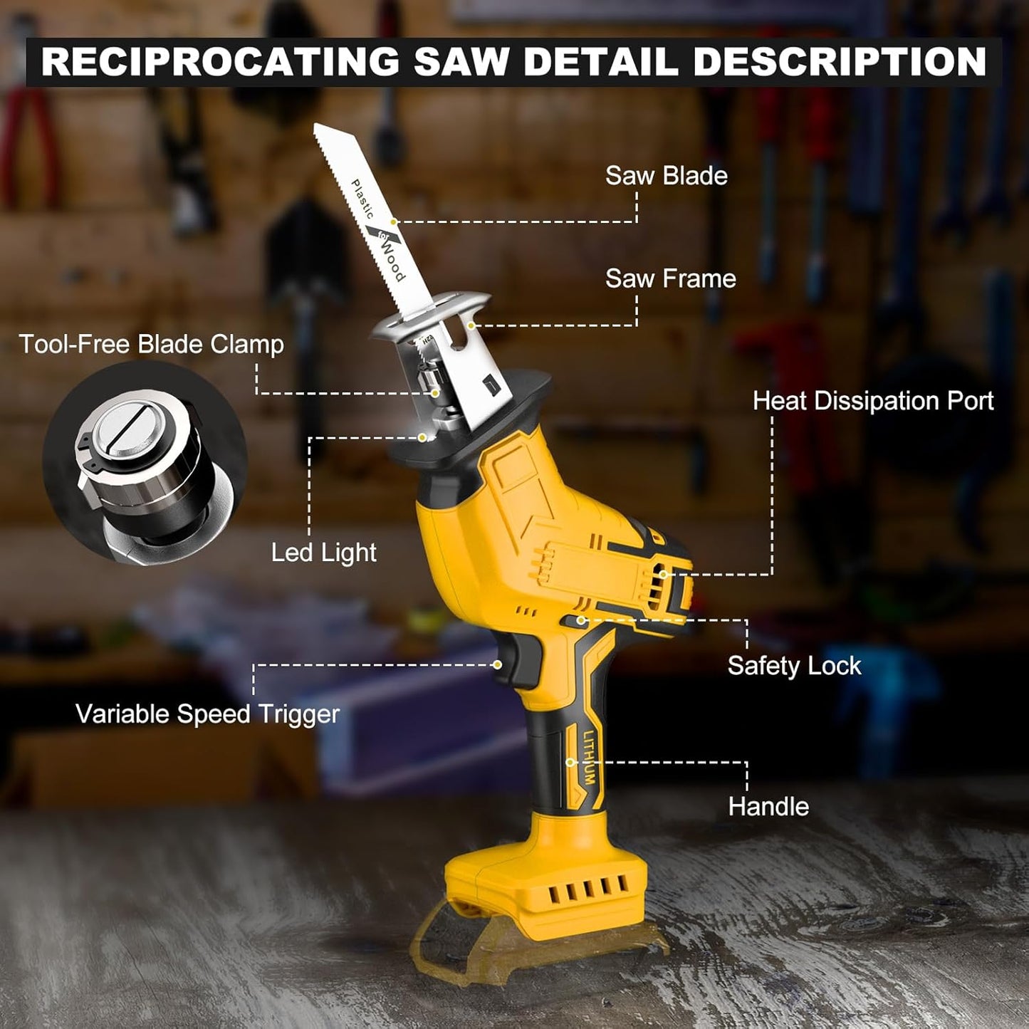Cordless Reciprocating Saw for Dewalt 20V Battery, 150W Power Brush Reciprocating Saws, 0-3500 SPM Variable Speed, 4 Saw Blades Kit Cutting Tool for Wood Metal PVC (Battery Not Included)
