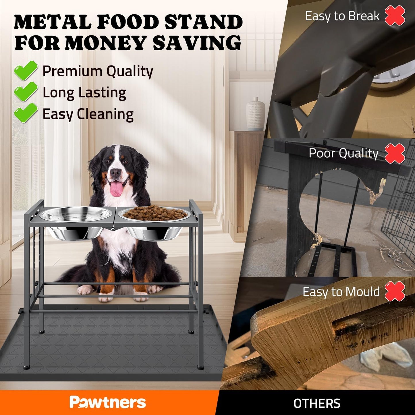 Elevated Dog Bowls - Metal Raised Dog Bowls for Large Breed with 3 Adjustable Heights, Perfect Sturdy Bowl Stands for Extra Large Sized Dogs, Grey with Feeding Mat
