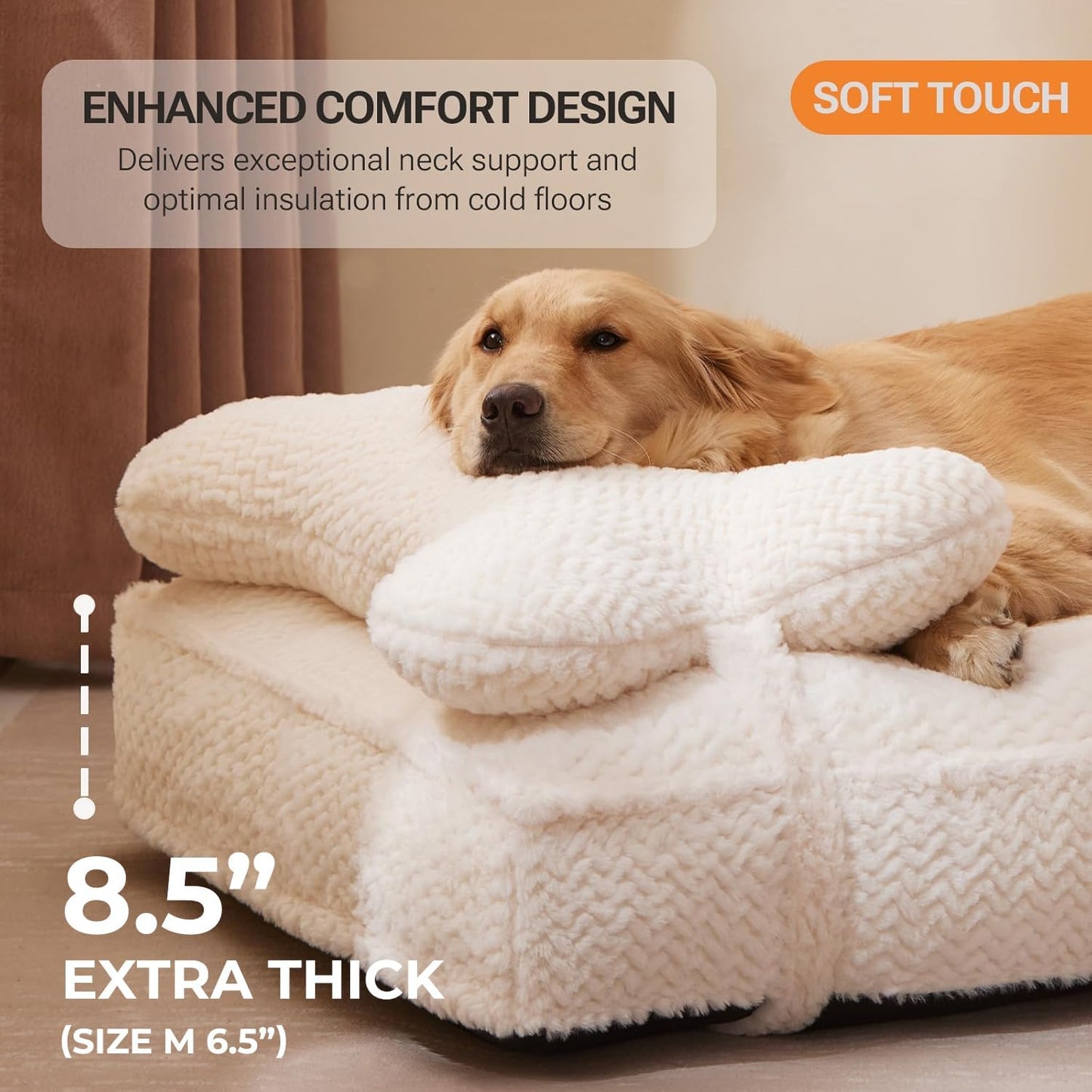 Soft Touch Faux Fur Dog Bed for Extra Large Dogs 8.5" Extra Thick, Orthopedic Pet Bed with Waterproof Liner and Washable Cover, with Removable Cute Pillow, Cream Color
