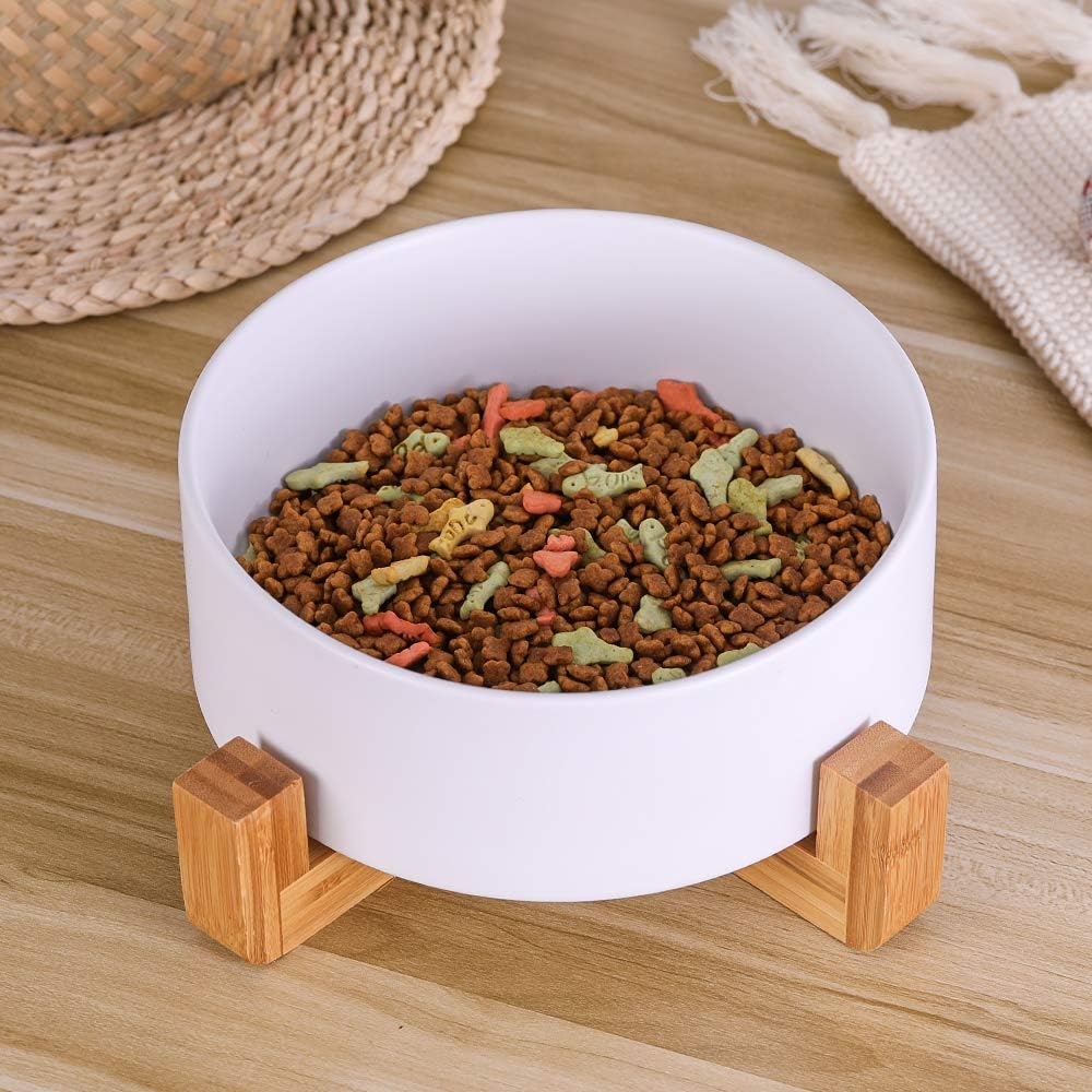 Ceramic Dog Bowl with Bamboo Stand - Large Dog Dish for Food and Water - Heavy Weighted, No Tip Over - 8.4" Diameter - White