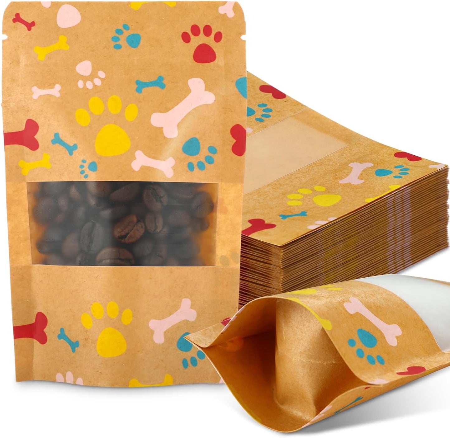 200 Pcs Paw Dog Treat Bags Puppy Party Favor 3.5" x 5.5" Paw Gift Bag Resealable Stand up Kraft Paper Zipper Pouch Dogs Packaging for Homemade Treats, Food-safe Material