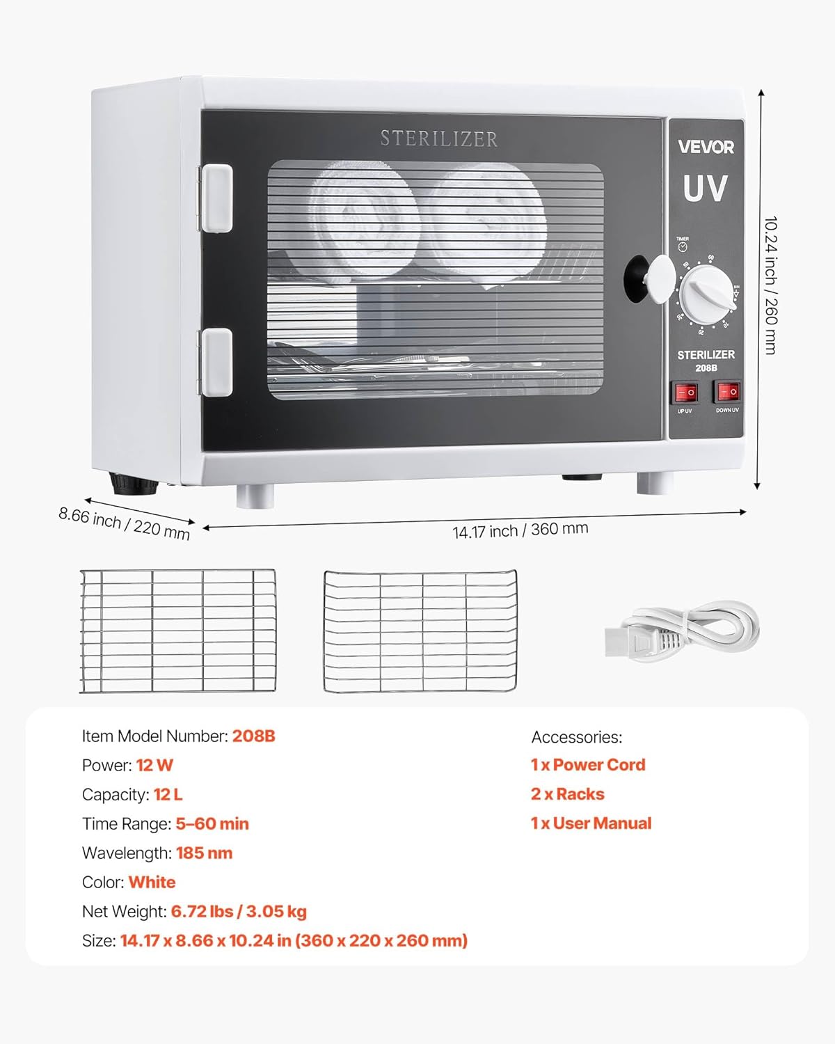 VEVOR Nail Tool Cleaning Machine, 12L Large Capacity, Knob Control, Tool Cabinet Cleaner Box with Timer Setting, Tempered Glass Door, 185nm Wavelength, for Labs, Home, Nail Salons, Beauty Salons