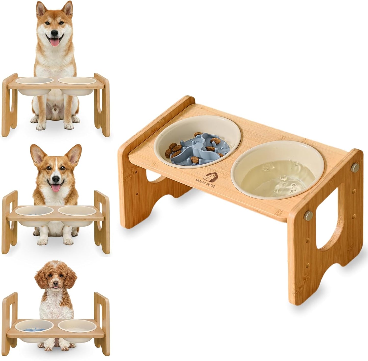 Ceramic Dog Bowls with Stand, Adjustable Elevated Dog Bowls (3 Heights), Bamboo Raised Dog Bowl Stand with 2 Ceramic Bowls (22 oz), 13° Tilt, Non-Slip – for Small & Medium Dogs
