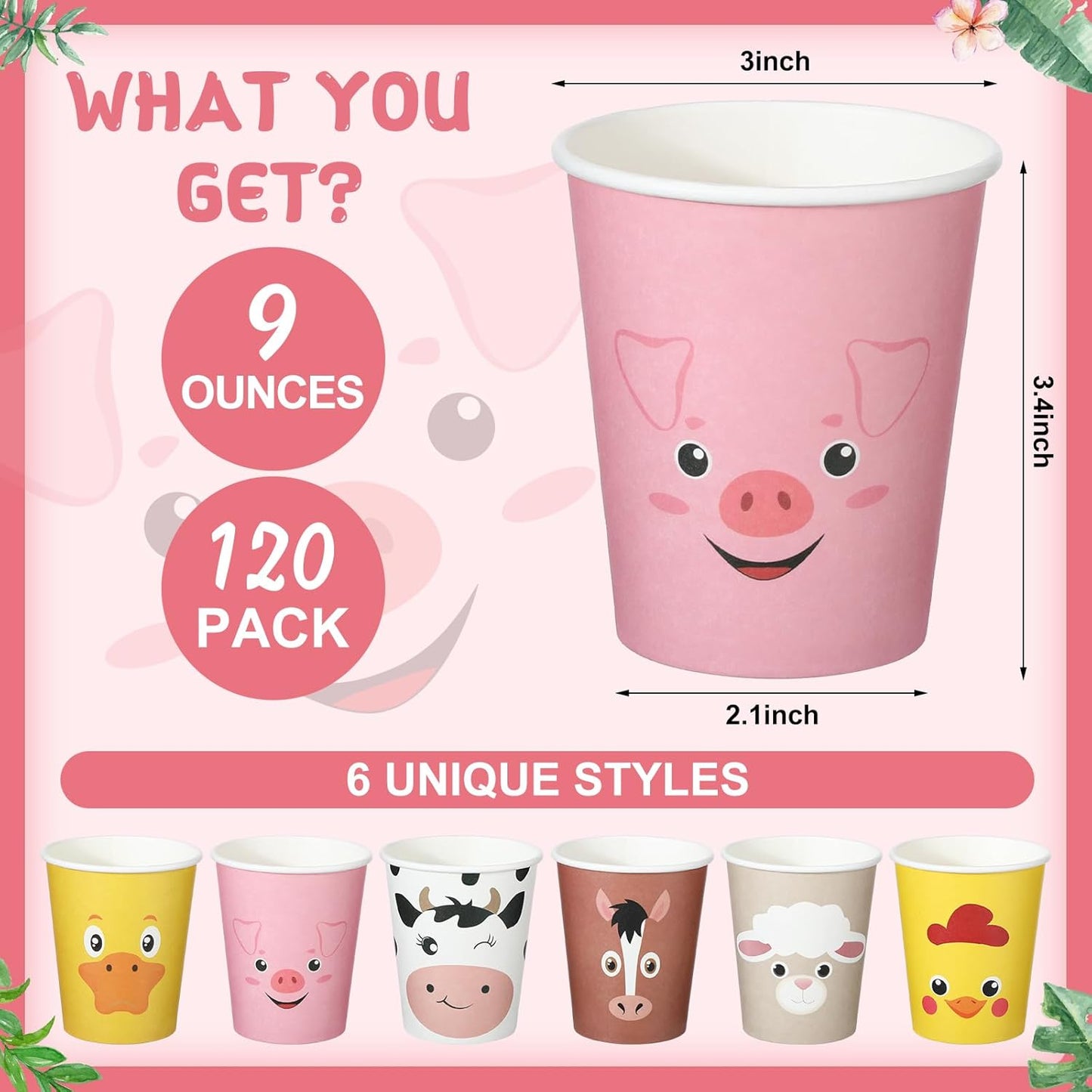 Maxcheck 120 Count Farm Animal Birthday Decoration Cups 9 oz Disposable Paper Cups Cute Drink Pig Sheep Chicken Duck Horse Cow Farm Theme Birthday Party Supplies