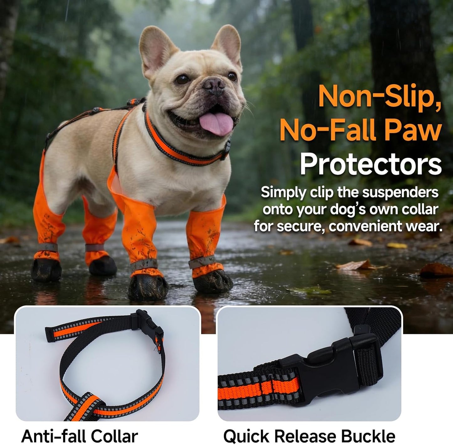 Stay-On Dog Suspender Boots for Rain, Snow & Mud, – Reflective & Waterproof Paw Protectors, Adjustable Non-Slip Dirt-Proof Winter Shoes for Walking, Hiking, Running, Orange, Size XL