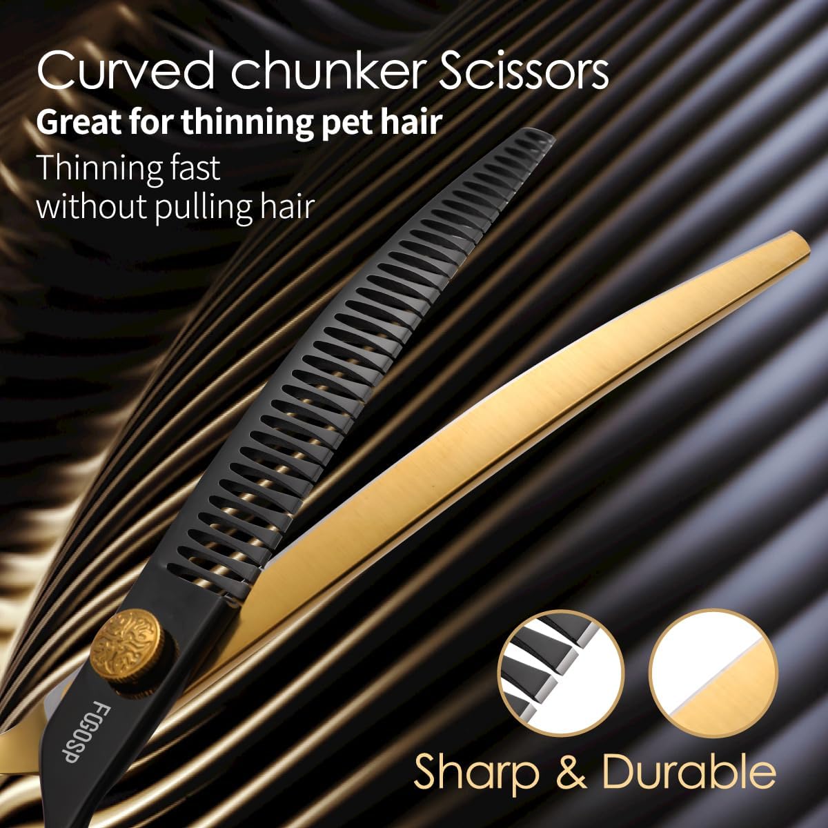 Professional Curved Chunkers Shears Dog Grooming 7.5'' Black & Gold Curved Thinning Dog Grooming Scissors for Large Dogs Pet 35 Teeth Japan 440C(Curved Chunkers,Black Gold)