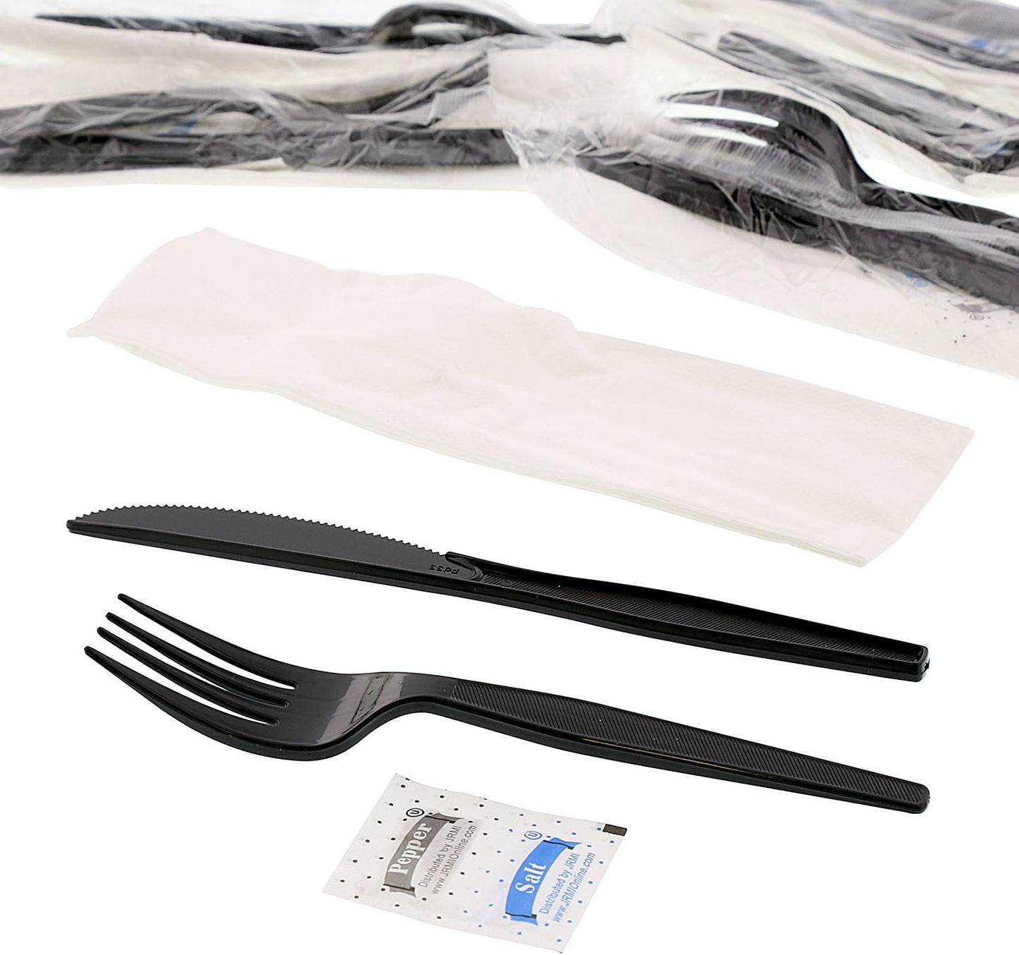 AmerCareRoyal 5-in-1 Disposable Silverware Heavy Duty Plastic Utensil Set with Fork, Knife, Salt & Pepper Packets, 13x17 inch 2-ply Napkin - Individually Wrapped Cutlery Meal Kit, Black, Case of 500