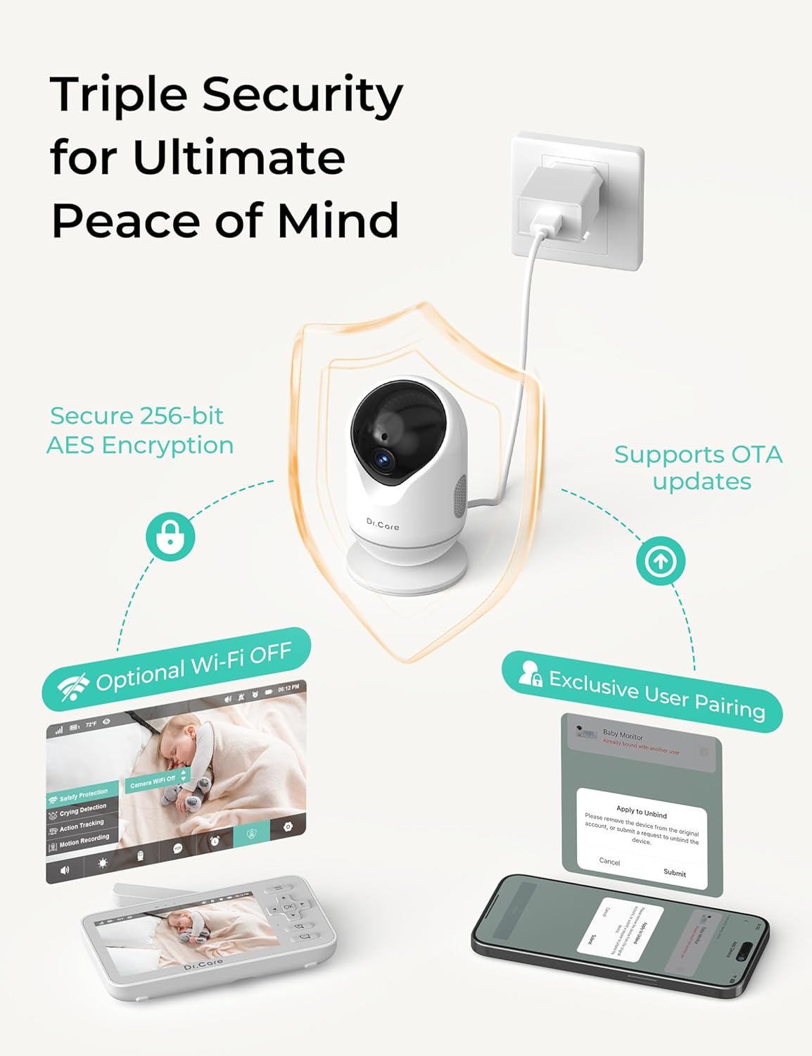 Dr.Care VistaView Lite Smart WiFi Baby Monitor - 4" 720P Split Screen & 1080P Camera App Control, Motion Alerts, HD Night Vision, Triple Security, 2-Way Talk, Video Recording, Multi-User
