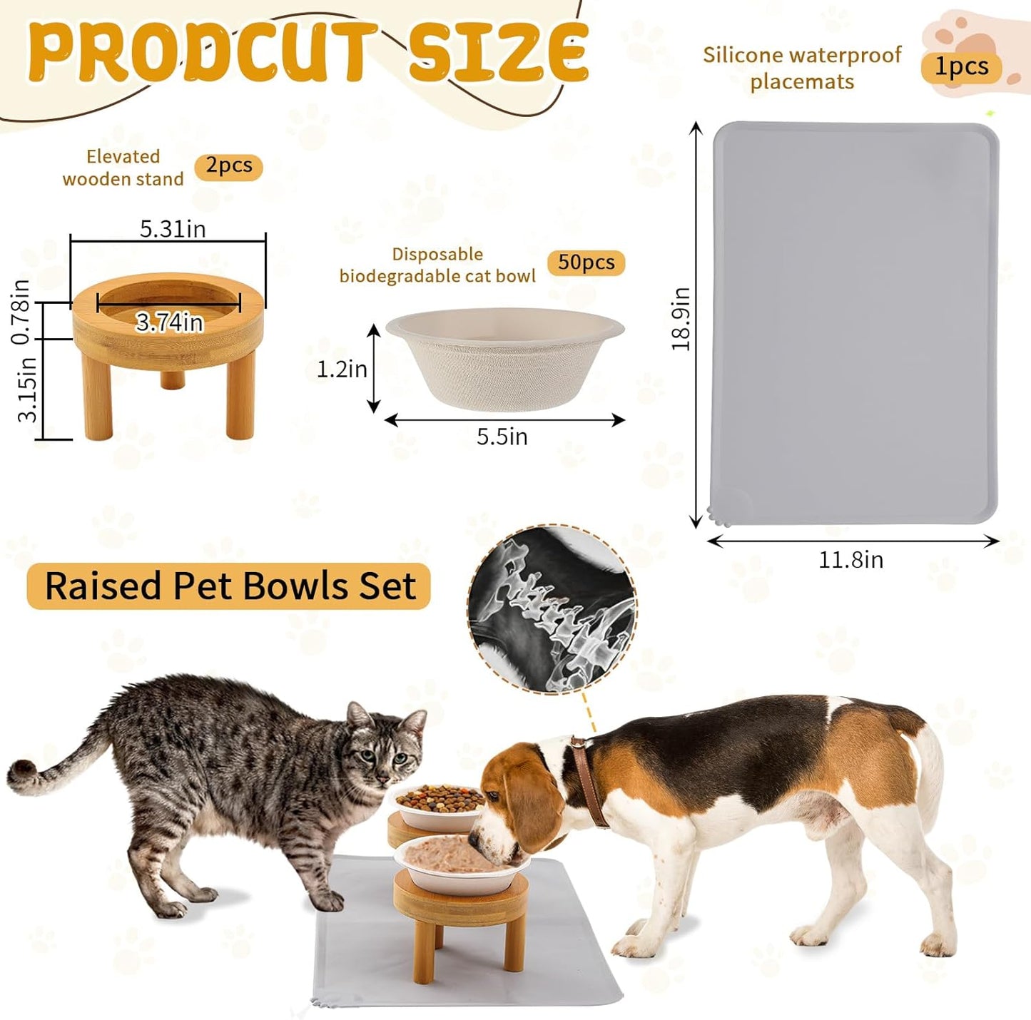 LemonRoad 53 Pcs 1.5 Cup Compostable Elevated Pet Feeding Bowls with Food Mat and Reusable Elevated Wood Stand for Wet and Dry Food Travel Outdoor Pet Care