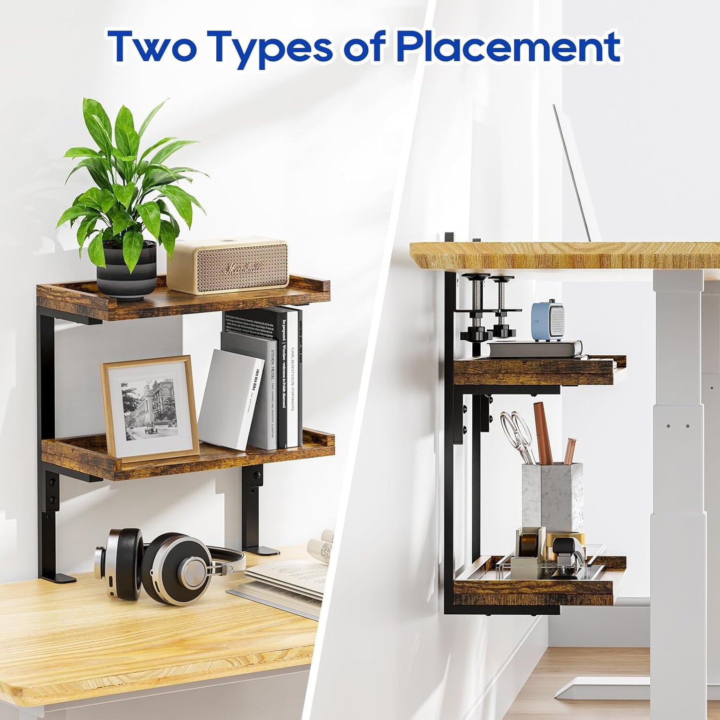 Clamp On Desk Shelf 2-Tier, 12.5 inche Wood Shelving Unit for Office Desk/Gaming Accessories, Tabletop Book Storage Rack, Shelf for Top & Under of Desk, Brown