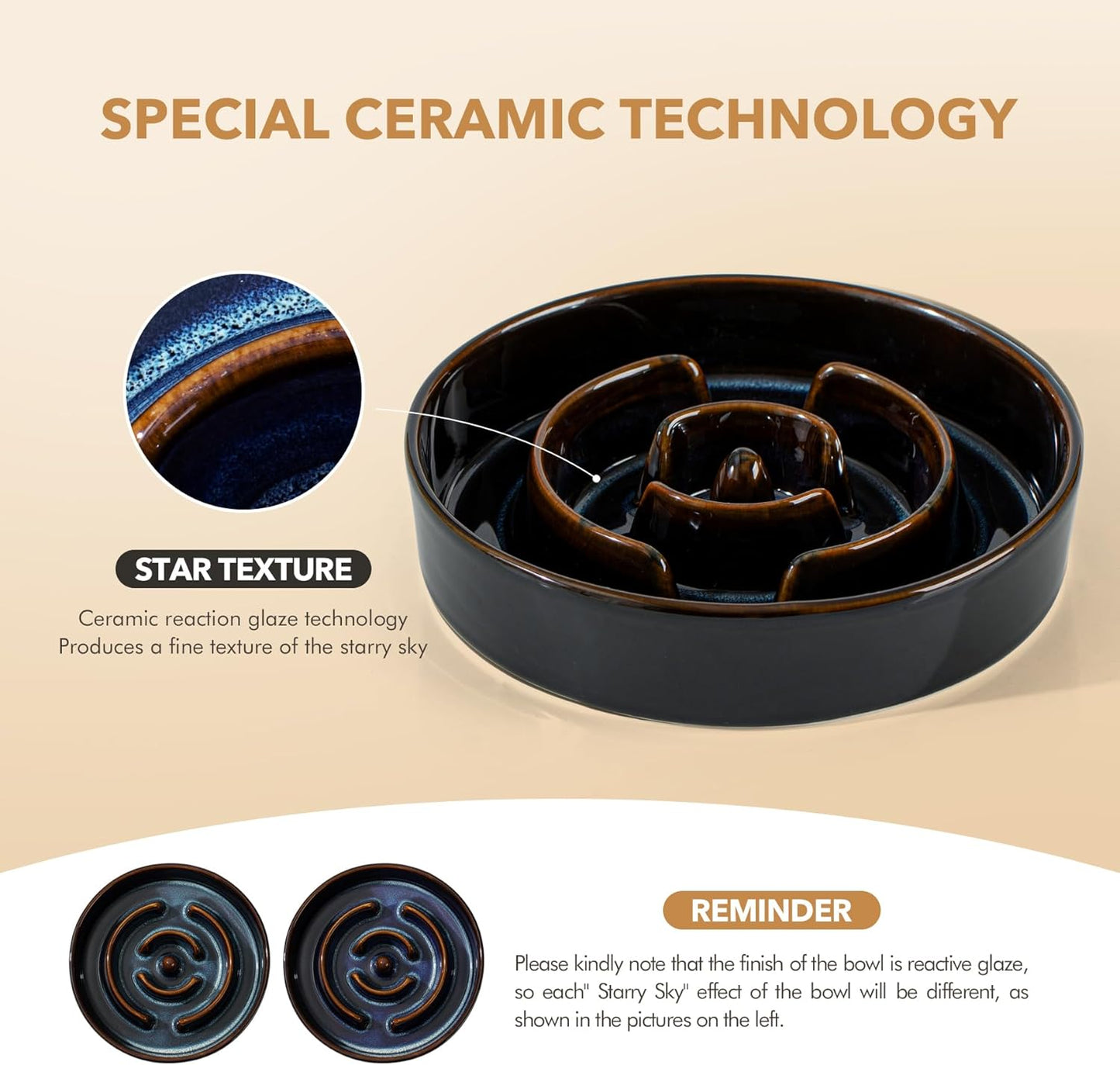 Ceramic 1.6 Cup Raised Slow Feeder Dog Bowl Set, Elevated Acacia Wood Stand for Medium and Large Dog, 8.2inch Slow Dish, Stop Bloat(Single Bowl+ Stand, Starry Sky)