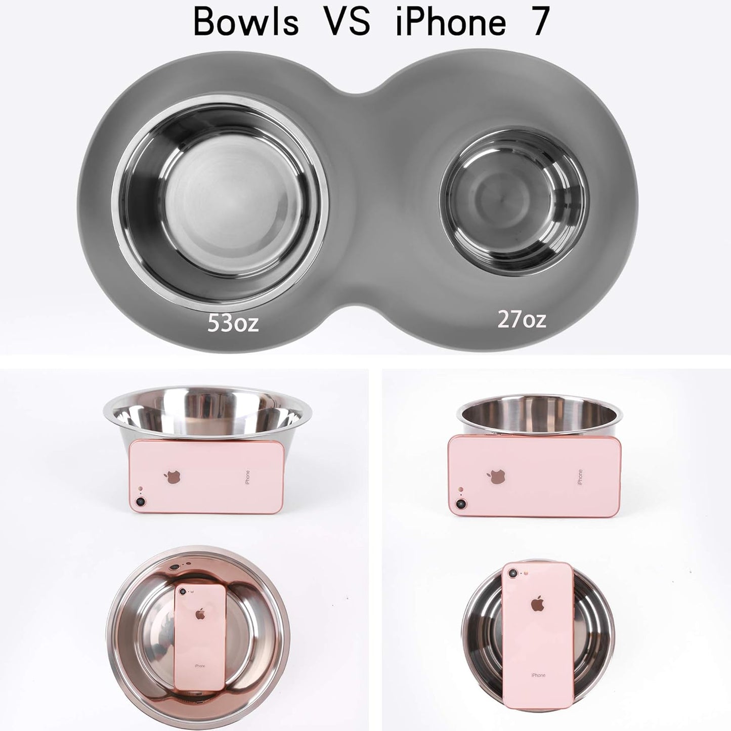 100% Waterproof BPA Free Pet Dog Bowls2 Stainless Steel（53oz+27oz） with 1.35“ Raised Edge Silicone Mat + Slow Feed Dog Water and Food Bowls for Feeding Small Large Dogs Cats Puppies (Gray)