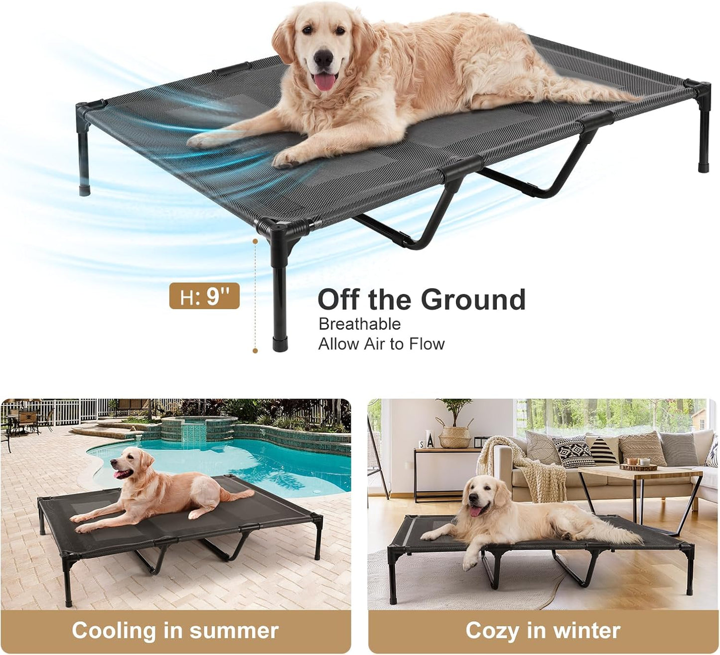 petizer 36" Cooling Elevated Dog Bed for Large Dogs - Waterproof & Breathable Outdoor Camping Dog Bed, Heavy Duty Raised Dog Cot with Support Bars, Holds Up to 120LBs