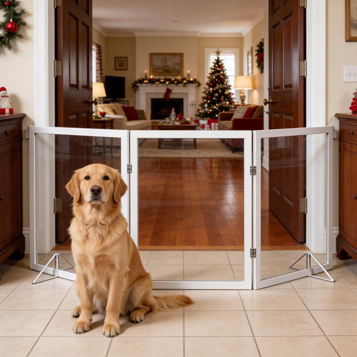 Extra Wide Clear Dog Gate 31" Tall Clear Acrylic Freestanding Dog gate Transparent Pet Gate for Doorways Stairs 3 Panel(55"-70" W)