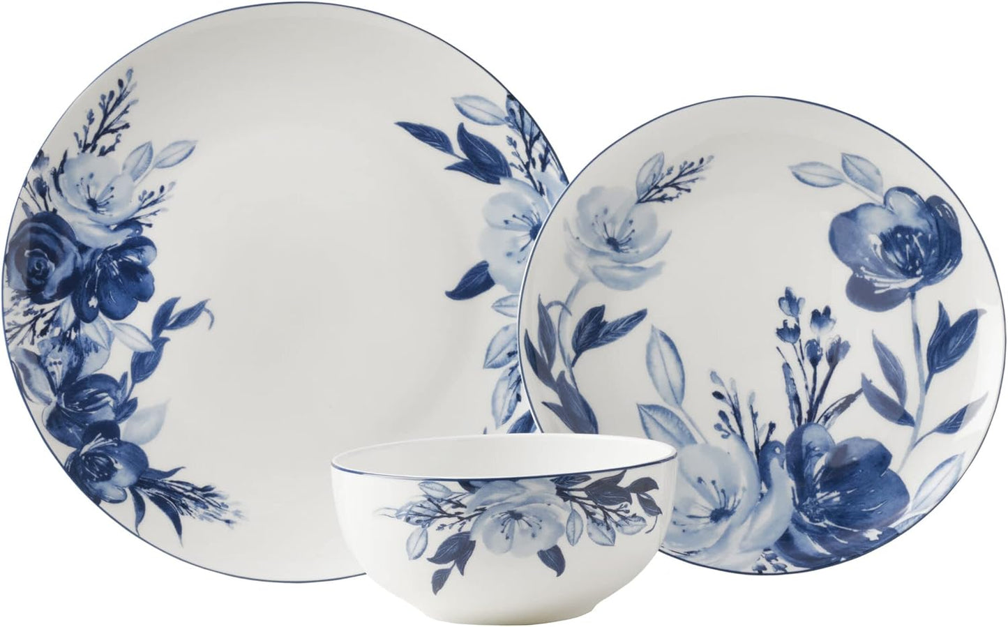 Mikasa Darcy Bone China Lightweight Chip Resistant 12 Piece Dinnerware Set, Service for 4,Blue and White