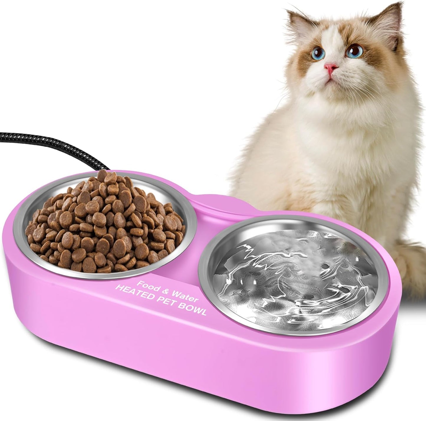 Heated Water Bowl for Dog & Cat, Outdoor Indoor Heated Pet Bowl with 2 Stainless Steel Bowl 48 OZ Large Capacity Provide Non Freezing Water & Food in Winter Double Heated Sink