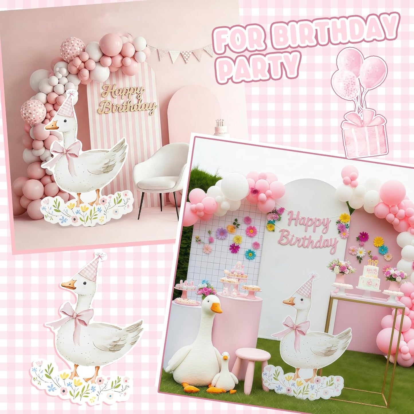 One Silly Goose Party Decorations 1st Birthday Backdrop Duck Animal Background Prop for Birthday Baby Shower Party Supplies(Pink Gingham,Goose)