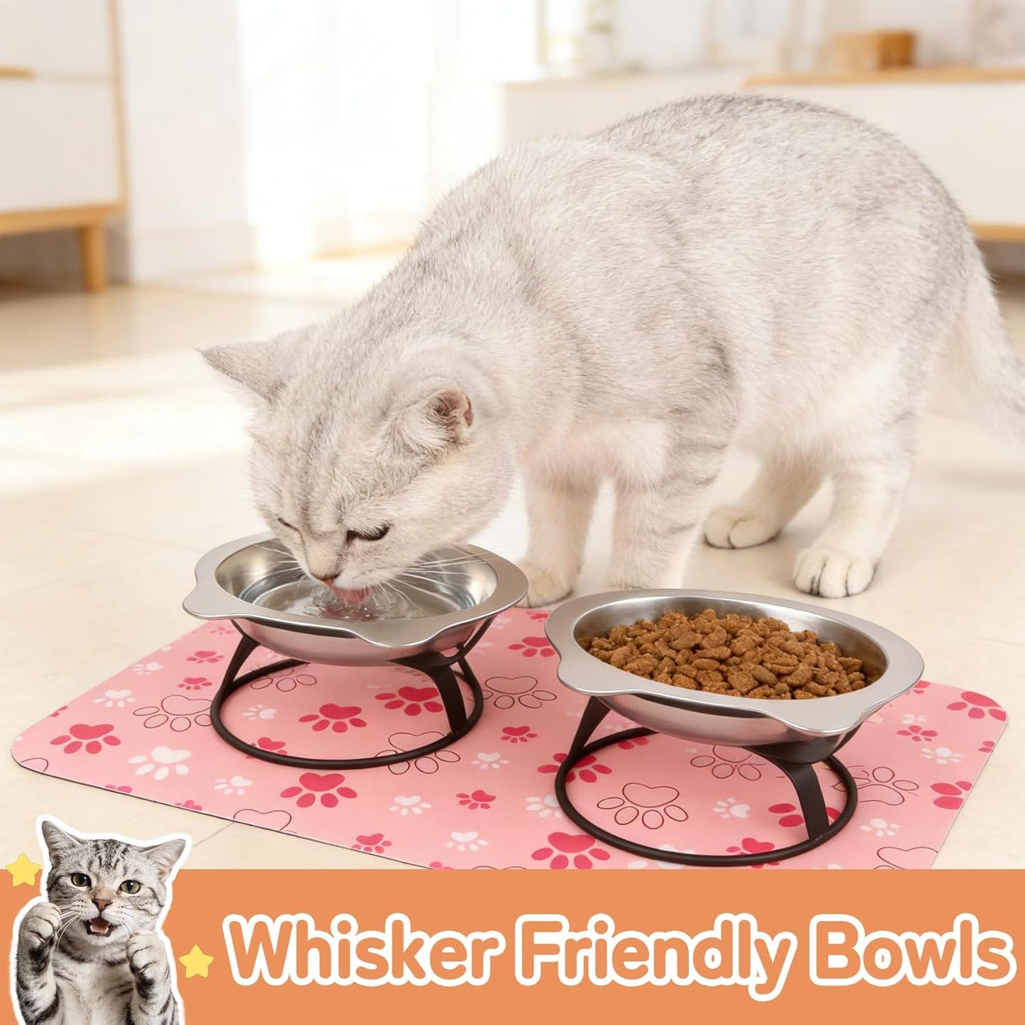 2-Pack Elevated Cat Bowls with Non-Slip Mat, 15°Tilted 7.1" Wide Raised Stainless Steel Cat Food Dishes, Whisker Friendly Bowls for Neck Stress-Free Anti-Vomiting Feeding for Cats & Small Dogs