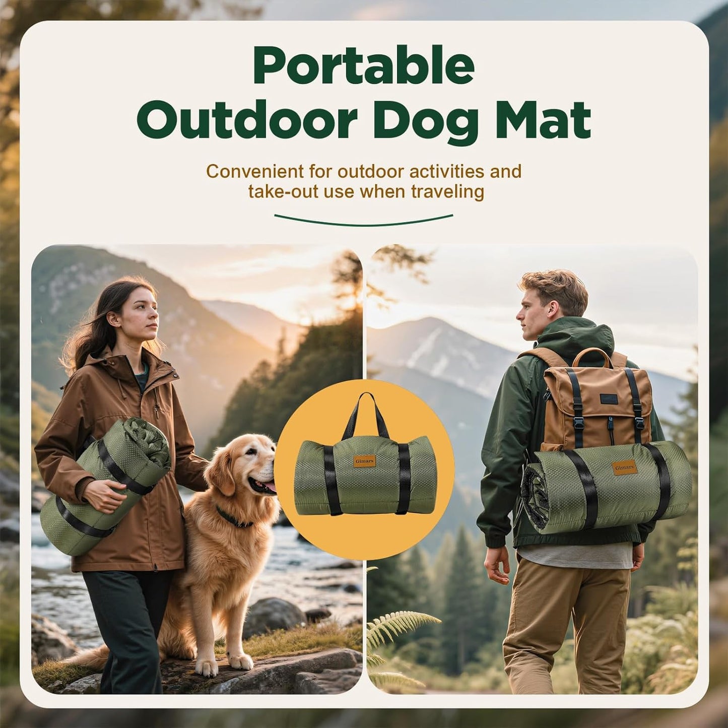 Gimars Upgraded Travel Dog Bed with Waterproof Film, Easy to Roll Up with Buckle, Large Outdoor Pet Bed for Medium & Large Dog, Portable, Washable Bed Mat for Camping,Traveling