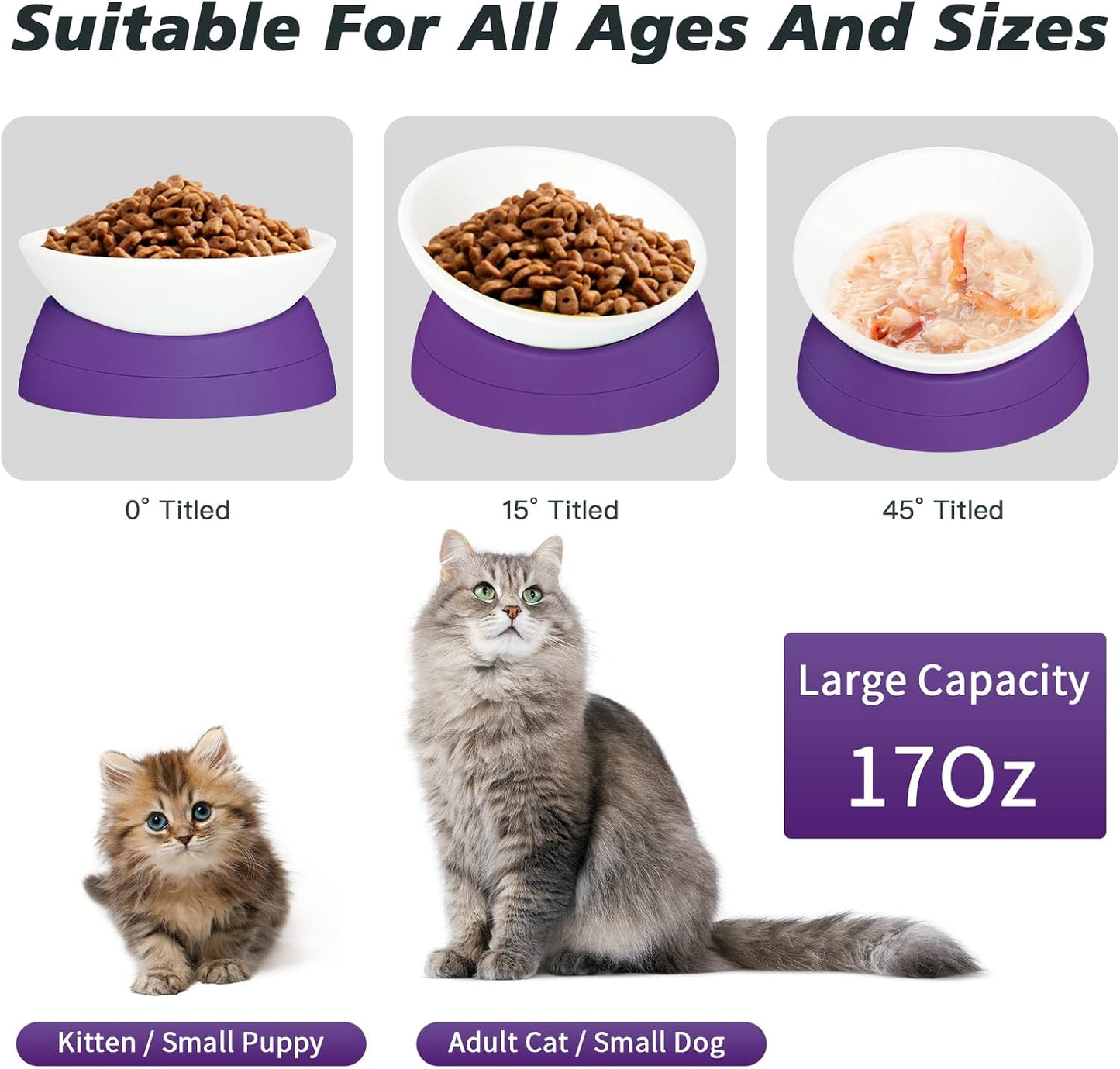 Ravitat Elevated Cat Food Bowl - Adjustable, Anti-Slip & Anti-Noise, Protects Pet's Spine, 17 Oz