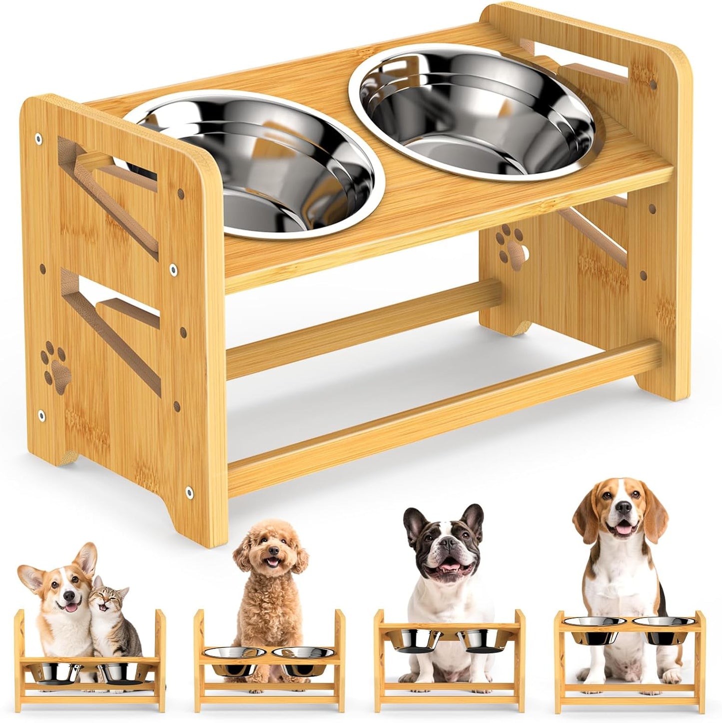 Elevated Dog Bowls, Adjustable Raised Dog Bowl Stand for Medium and Small Pet, 11" High Bamboo Pet Food Feeder with 2 Stainless Steel Dishes（4 Heights）