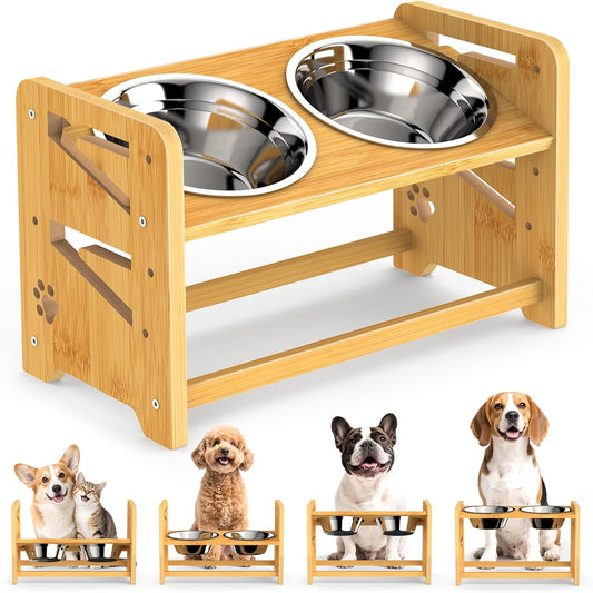 Elevated Dog Bowls, Adjustable Raised Dog Bowl Stand for Medium and Small Pet, 11" High Bamboo Pet Food Feeder with 2 Stainless Steel Dishes（4 Heights）