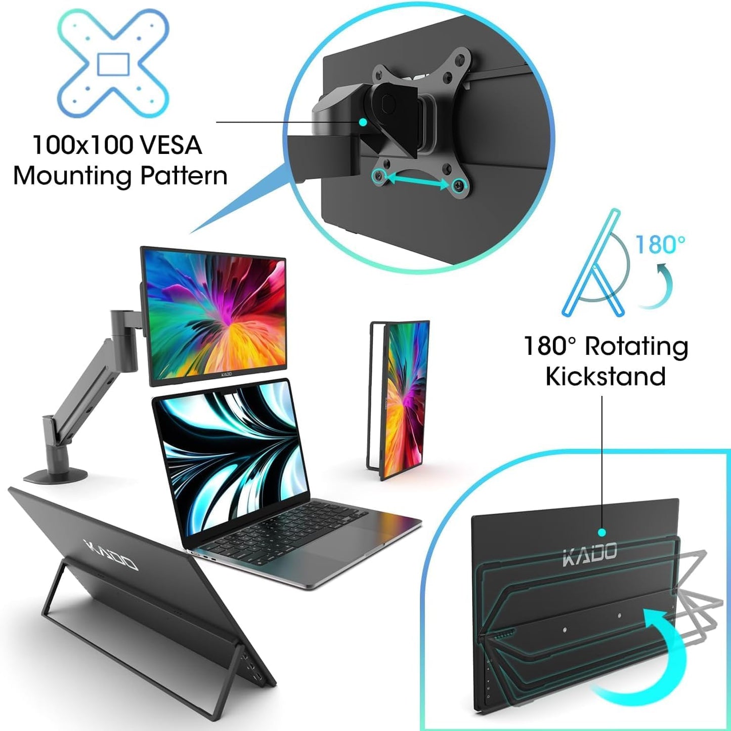 Kado Portable Monitor 15.6-Inch FHD 1080p, 45W Reverse Charging USB-C mini-HDMI Gaming Monitor IPS Display Built-in Speakers, Second Display 180° Kickstand for Laptop PC Phone Mac Xbox PS4/PS5 Switch