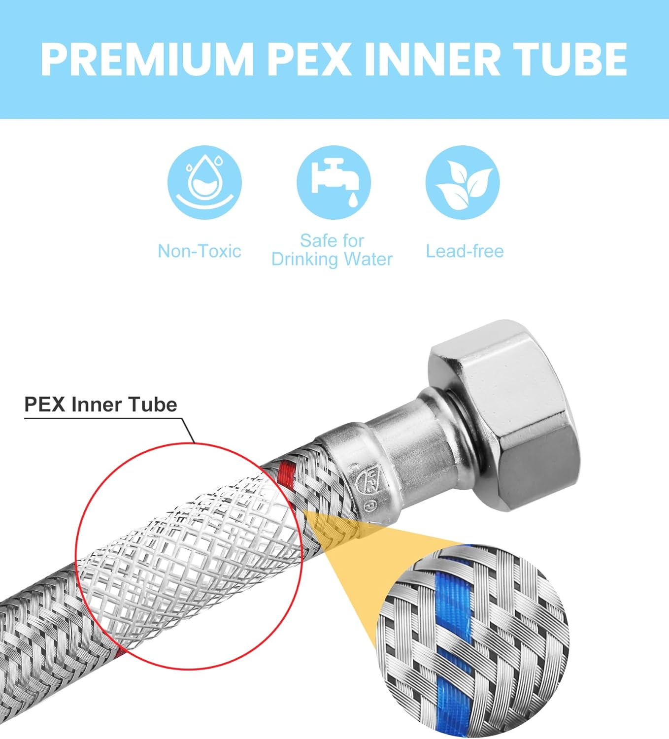 48-Inch Faucet Supply Lines: Braided Stainless Steel Flexible Faucet Hose Connector - 3/8" Compression x 1/2" FIP Water Supply Lines for Kitchen Bathroom Sink Hose Extension 2pcs