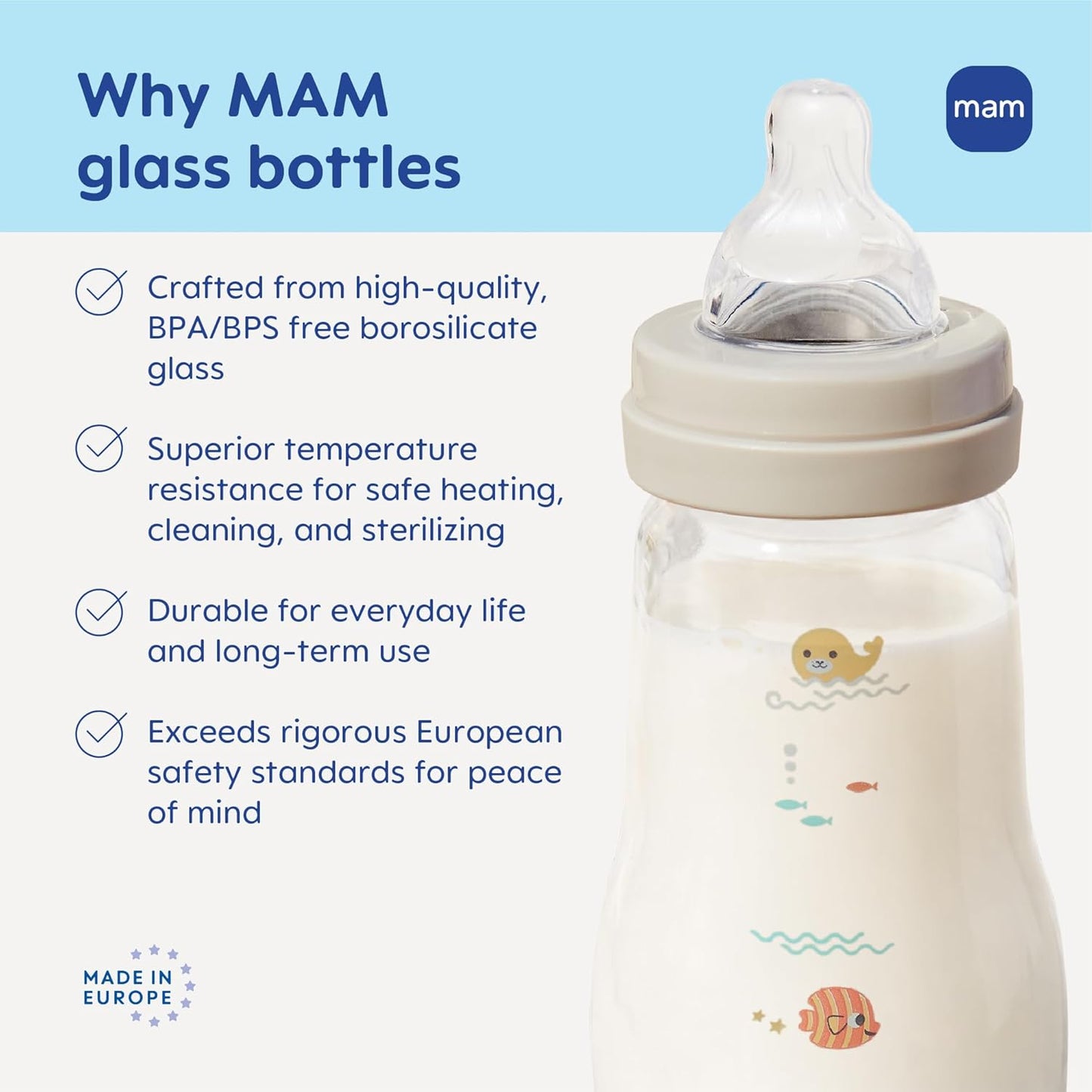 MAM 6oz Premium Glass Wide Neck Baby Bottle with Slow Flow Breastfeeding-Like Silicone Nipple, Easy to Clean,BPA Free, 0+ Months, Easy Switch Between Breast and Bottle, Made in Europe, 3 Pack Girl